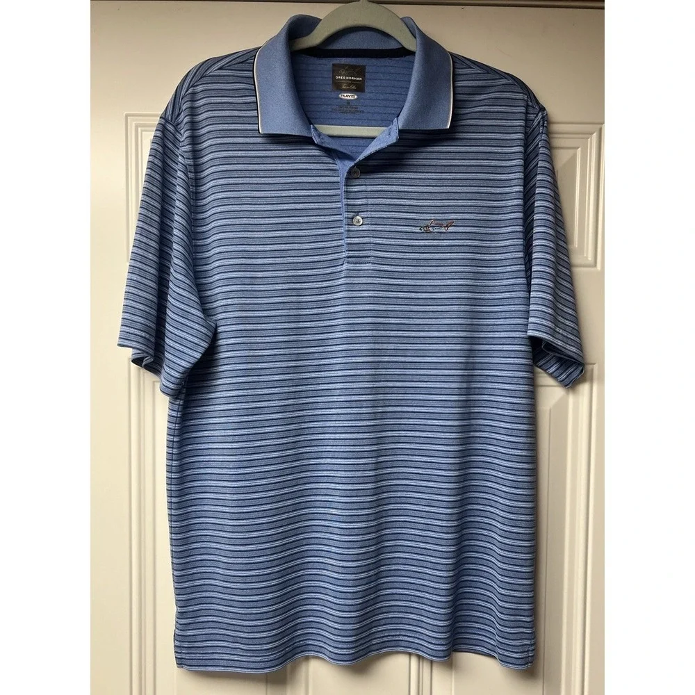 Greg Norman Play Dry Golf Blue White Striped Men's Polo Shirt Size M Lightweight